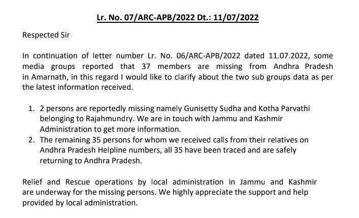 Factual clarification on missing pilgrims from Andhra Pradesh