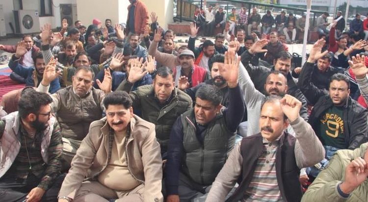 Patwaris stage protest at DC office complex in Jammu demanding fulfillment of agreed demands