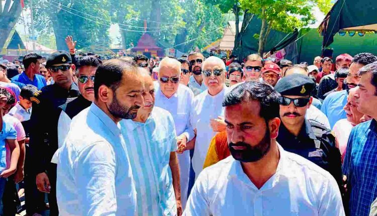 Dr. Farooq Abdullah visits Ganderbal, greets people on Mela Kheer Bhawani 