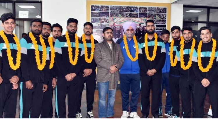 Satish Sharma felicitates J&K football team for qualifying into final round of Santosh Trophy