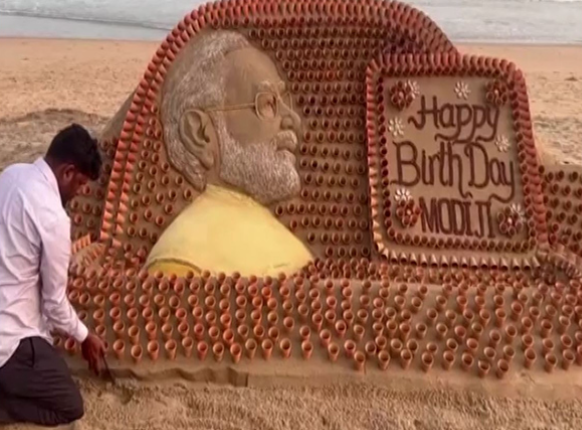 Sudarsan Pattnaik Creates 25-Foot Sand Art to Mark PM Modi’s 76th Birthday